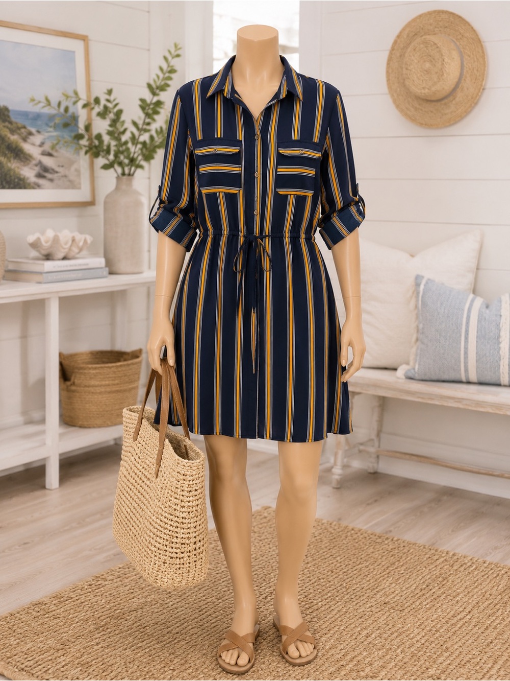 Speed Control Navy, Mustard & White Striped Shirt Dress
